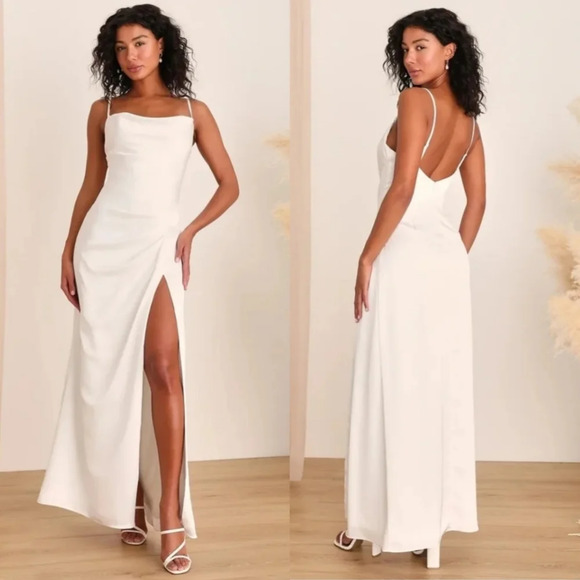 Lulu's Here's to Love White Satin Backless Column Maxi Dress Wedding Bridal - Picture 1 of 12